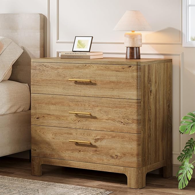 Tribesigns Oversized Nightstand with 3 Drawers, 31.5-Inch Wide Wood Farmhouse Night Stand with Storage and Gold Mental Handles for Bedroom, Brown (1)