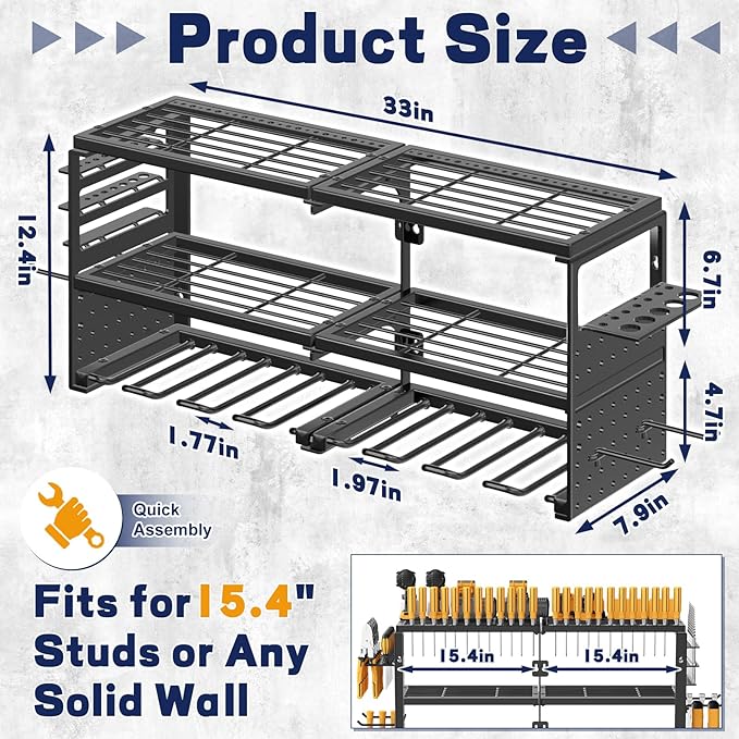 Power Tool Organizer Wall Mount, 300Lbs Load 3 Layer Heavy Duty Metal Tool Shelf with 8 Drill Holders, Garage Workshop Storage for Cordless Tools Batteries Screwdrivers(Black)