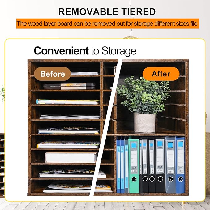 TQVAI Literature Organizer, Heavy Duty 36 Compartments Countertop Mail Organizer with Adjustable Shelves, Wooden Desk Paper Storage Organizer, Mailboxes Cubbies for Office, Classroom, Anqitue