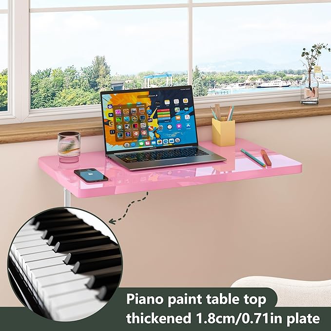 Clikuutory Pink Wall Mounted High Gloss Folding Table, Wall Desk Fold Down for Small Spaces, Folding Workbench for Laundry Room, Home Office, Kitchen, Bedroom, Home Bar (23.6"×15.7")
