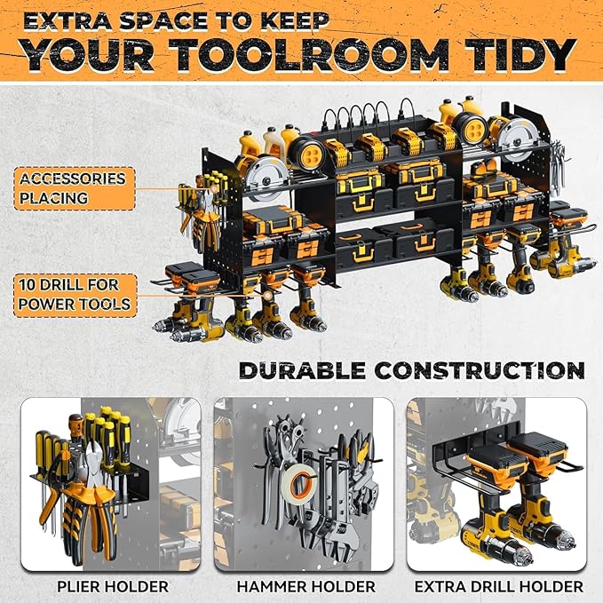 Upgrade Large Power Tool Organizer Wall Mount with Charging Station, 6.5FT Power Strip, 10 Drill Holders, and Storage Rack for Garage Organization