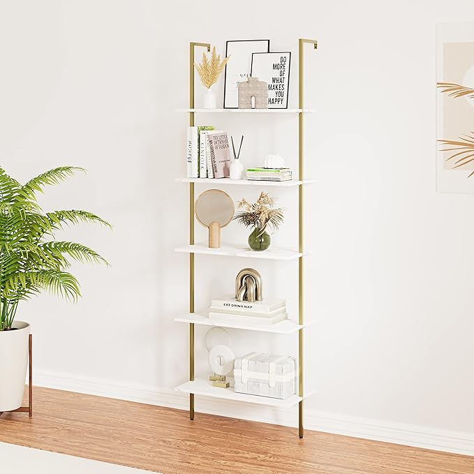 5 Tiers Ladder 2-Piece Shelf White Marble Modern Bookshelf Open Tall Wall Mount Bookcase Standing Leaning Wall Shelves Industrial Decorative