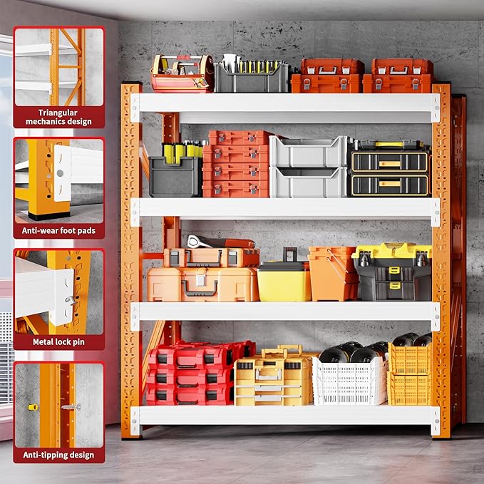 3000LBS Garage Shelving 42" W Garage Shelving Heavy Duty 4-Tier Metal Storage Shelves Adjustable Shelf Unit Storage Rack for Basement Supermarket Warehouse 42" W x 20" D x 78" H Orange-White
