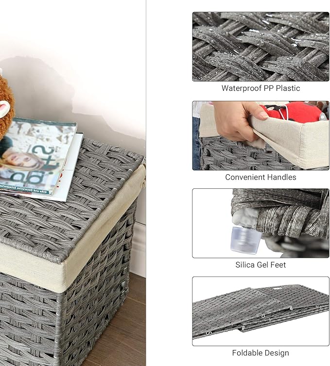 SONGMICS Storage Basket with Lid, Woven Blanket Storage Bin with Handles, Foldable, Removable Liner, Metal Frame, for Bedroom, Laundry Room, 17.2 Gallons (65 L), Gray URST56WG