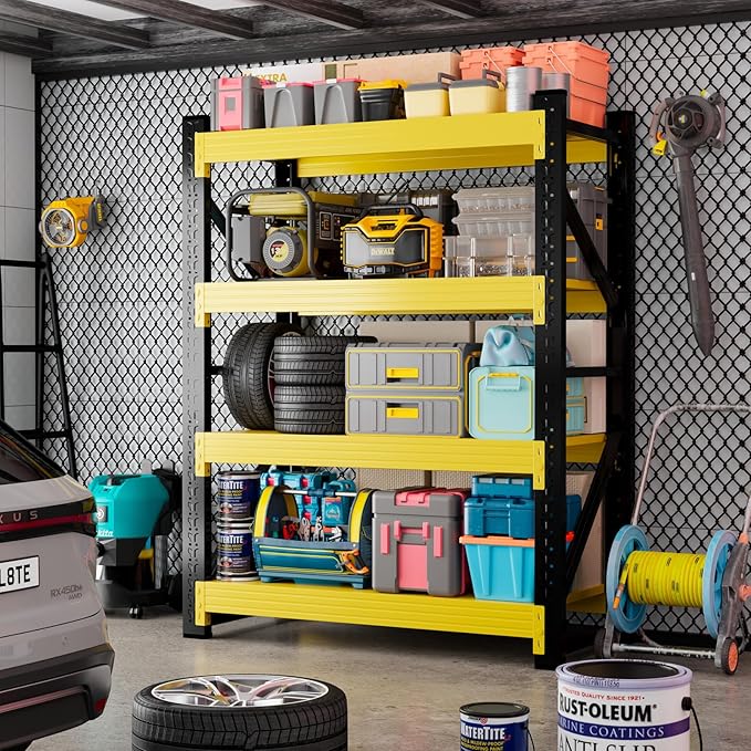3800LBS Garage Storage Shelves, 47" W Garage Shelving Heavy Duty Adjustable Shelving Unit, 4 Tier Metal Utitly Shelves Industrial Shelving for Warehouses,Basement,Black Yellow