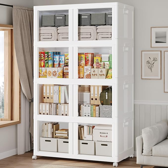 480Qt Stackable Storage Bins with Lid and Wheels, 120Gal Plastic Closet Organizer and Storage Drawer, Large Collapsible Storage Box Cabinet with Clear Door for Home Kitchen Office, 4Pack White