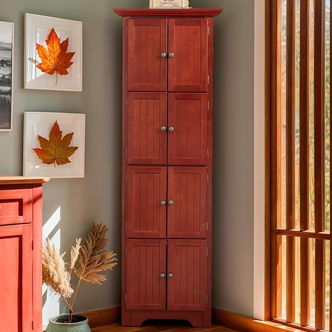 72" H Farmhouse Corner Storage Cabinet with 8 Doors & 4 Shelves, 4 Tier Kitchen Corner Pantry Cabinet Wooden Organizer Case Bookshelf, Home Space Saver Cabinet for Kitchen,Living Room(Cherry)