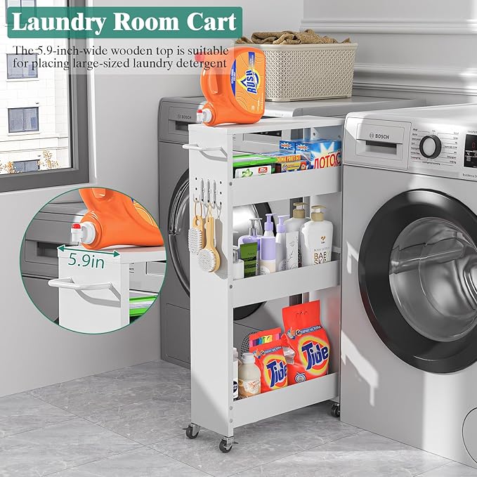 Slim Storage Cart, 4-Tier Kitchen Rolling Cart Narrow Storage Cabinet with Handle & Wheels, Metal Rolling Shelf Unit for Kitchen Bathroom Laundry Small Places (5.9IN White/White)