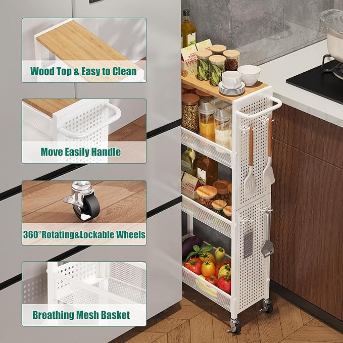 Slim Rolling Storage Cart with Wheels, 4-Tier Metal Utility Cart with Handle & Wood Top, Small Mobile Organizer Shelf Unit for Laundry Room, Kitchen, Bathroom, Office, Narrow Space