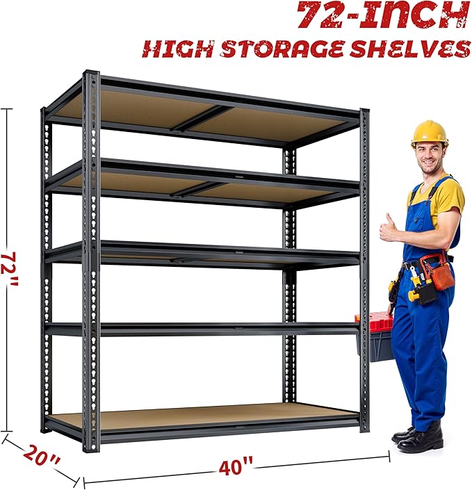72"H Storage Shelves heavy duty, 2200LBS Garage Shelving, 5 Tier Metal Shelving Unit Adjustable Garage Shelves Utility Rack Shelf for Storage Warehouse Pantry Closet,40" W × 20" D × 72" H, Black