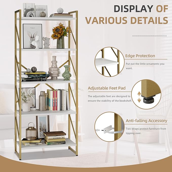 Vongrasig 5 Tier Bookshelf, Modern Tall Bookcase, Industrial Book Shelves Display Standing Shelf, Free Standing Storage Organizer for Bedroom, Living Room, White+Gold