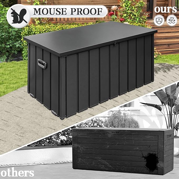 Domi 100 Gallon Deck Box, Metal Outdoor Storage Box with Lock Wheels Side Handles, Waterproof Outside Storage Box for Patio Cushions, Shoes & Pool Tools