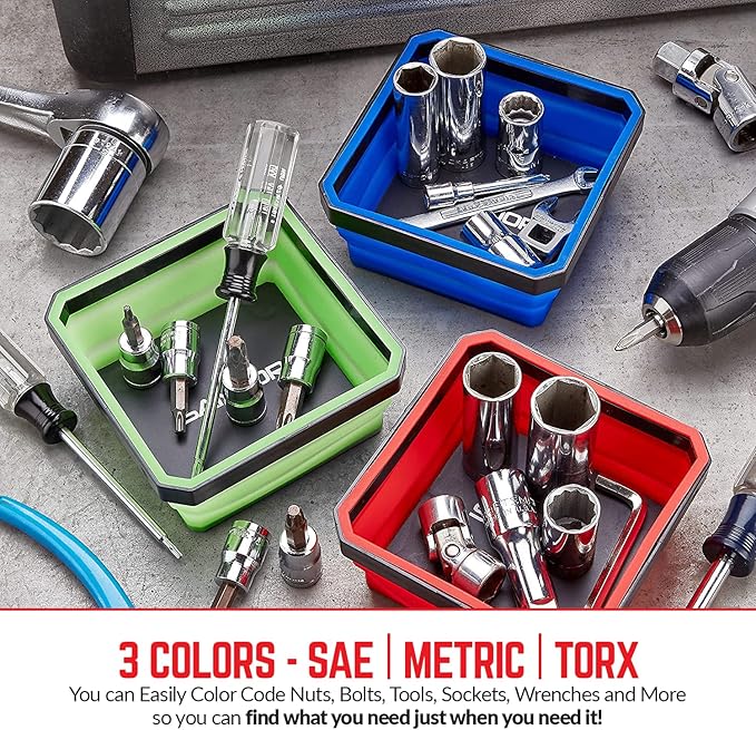 SANDOR Collapsible Magnetic Parts Tray Set - (Pack of 3) Tool Trays for Screw, Bolts, Nuts, Washers, Pins and Other Small Metal Parts - 4.25 Inch Square - Red, Blue, and Green