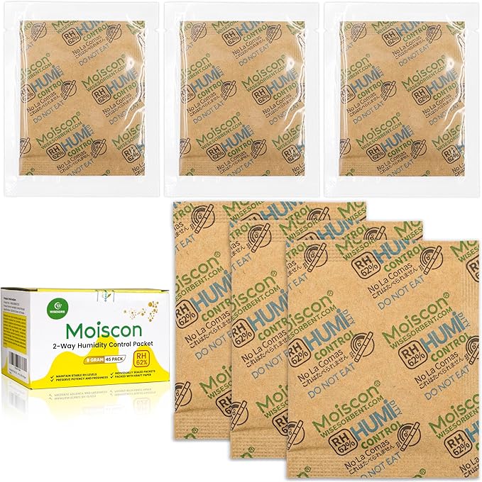 45 Pack 62% RH 8 Gram Two-Way Humidity Control Packs for Storing 1 oz, Size 8 Moisture Control Packets Individually Wrapped