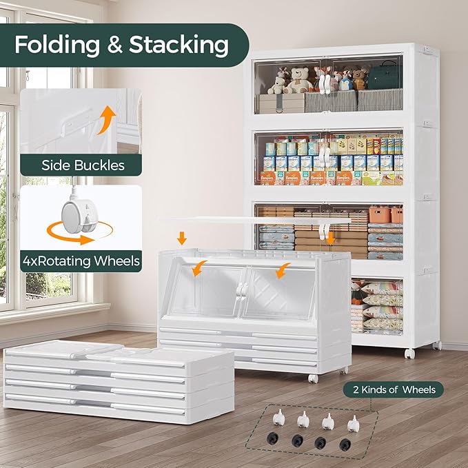 540QT Extra Large Stackable Storage Bins with Lid, 135Gal Collapsible Closet Organizer Box with Wheels, Folding Plastic Storage Cabinet with Doors for Home Kitchen Office Dorm, 3Pack White