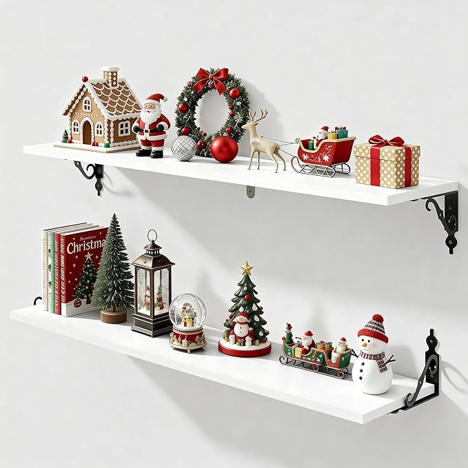 Fun Memories 40 Inch Floating Shelves Wall Mounted, 8 Inch Deep Wall Shelves with Bracket, Rustic Hanging Bookshelf, 40" Bookshelves for for Living Room, Kitchen and Bedroom, White, Set of 2