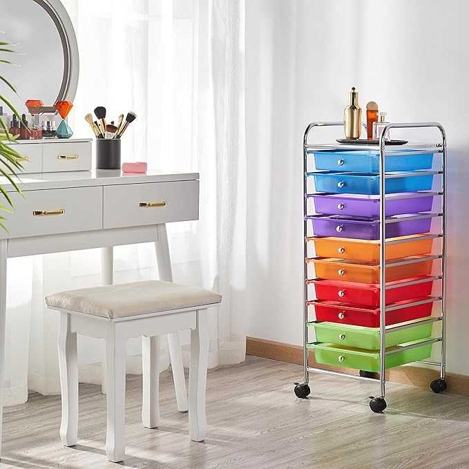 Yaheetech 10 Drawer Cart Rolling Plastic Storage Cart and Organizer Multipurpose Mobile Rolling Utility Storage Organizer for Home Office School and Workshop, Multicolor
