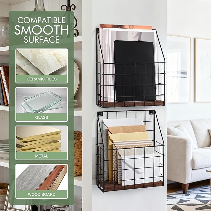 Mail Holder Magazine Basket - 1 Pack Black Wall Mount File Organizer Rack of Wooden Style with Adhesive Mounting - Metal Wire Hanging Sorter for Document Folders Newspaper Clipboard Brochure Display