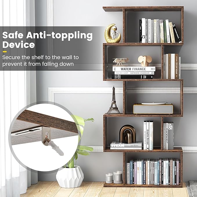 5-Tier Geometric Bookcase Set of 2, 62.5” Freestanding Room Divider Bookshelf with Open Display Shelves & Anti-tip Device, Wood S-Shaped Storage Organizer for Living Room, Bedroom & Home Office