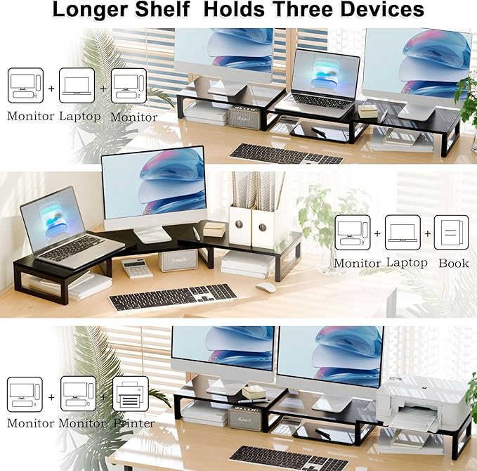TEAMIX Desk Organizer Dual Monitor Stand Riser, Adjustable Computer Stand 45.5'' Long Desktop Shelf Office Organizer for Laptop,Printer,File,Keyboard Storage Ergonomic Design (Black)