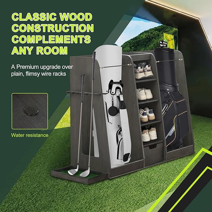 Golf Bag Organizer Storage Rack Large Wooden for 2 Bags, Golf Club Stand Holder with Drawer, Sports Equipment Rack for Garage, Practice Room, Home or Office