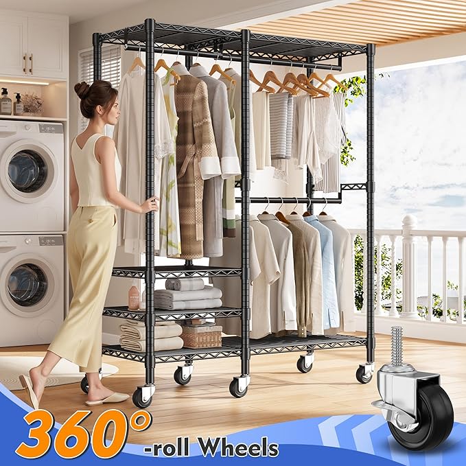 Raybee 79" H Clothes Rack, Clothing Racks for Hanging Clothes, Portable Closet with Wheels and 4 Tiers Adjustable Shelves, Black