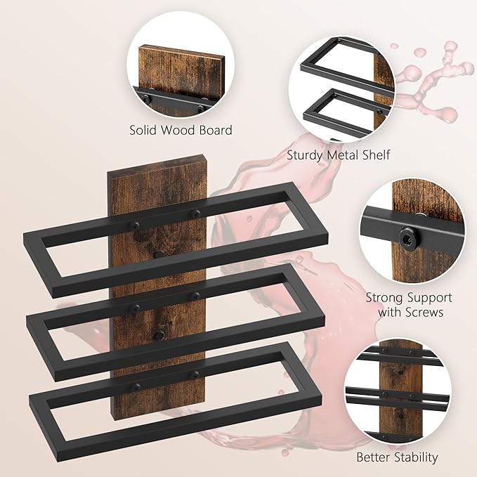Hoctieon 3-Tier Wall Mount Wine Rack Set (6 Bottles), Wall Mounted Wine Bottle Racks for Display and Storage, Hanging Bottle Holder, for Living Room, Dining Room, Bar, Wine Cellar, Rustic Brown