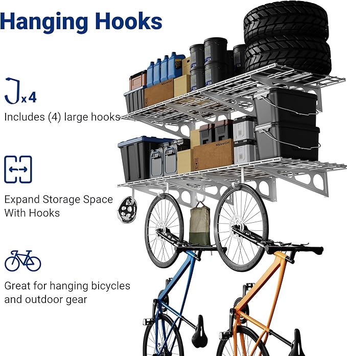 FLEXIMOUNTS 2-Pack 2x6ft Garage Shelving with Hooks, 24-inch-by-72-inch Wall Shelf Garage Storage Racks Floating Shelves, White, Classic Series