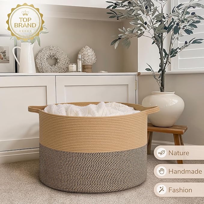 INDRESSME 115L Extra Large Blanket Basket, Woven Baskets for Storage, Wicker Storage Basket for Organizing Woven Laundry Baskets for Toy Pillow Shoe Entryway, Camel & Mix Camel
