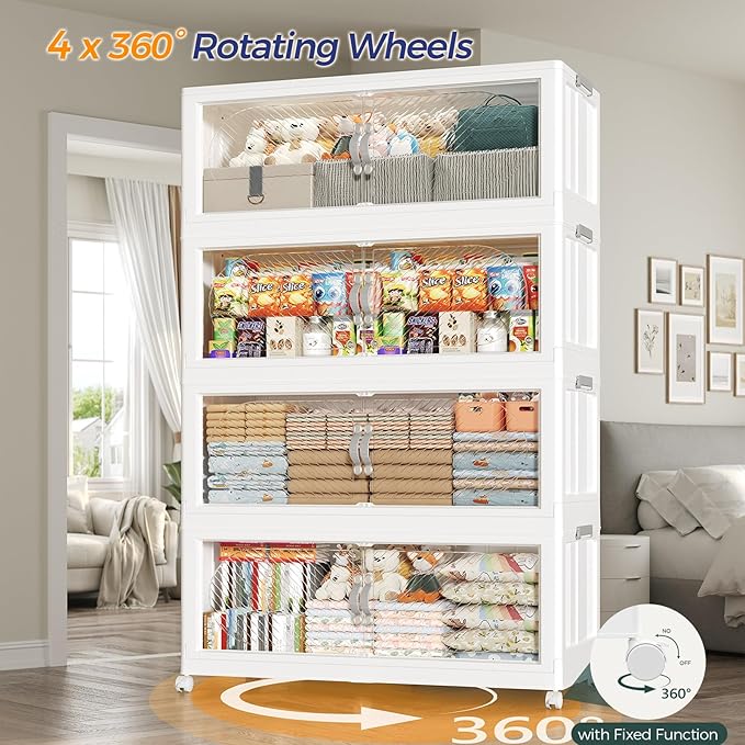 480QT Extra Large Stackable Storage Bins with Lid & Wheels & Doors, 120Gal Foldable Collapsible Closet Organizers, Plastic Cabinet Box Container Drawer for Home Kitchen Bedroom, 4Pack White