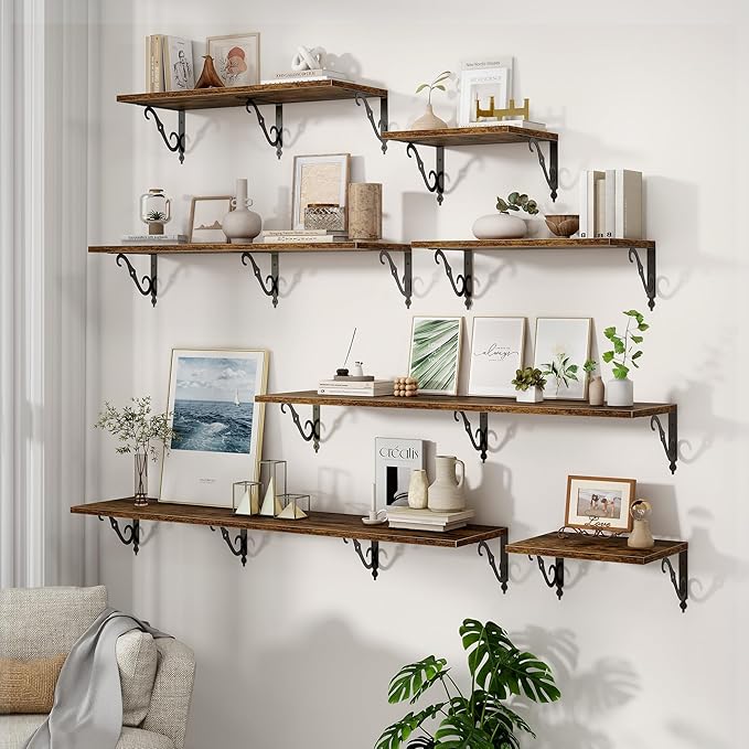Deep Floating Shelves for Wall, 32"W x 12"D Wall Shelves, 12 Inch Deep Floating Shelf with Bracket, 32 Inch Floating Shelf Set of 2, Rustic Shelves for Living Room, Bathroom and Kitchen, Rustic Brown