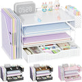 gianotter Wood Desk Organizers and Accessories with File Holder, 4-Tier Desk Accessories & Workspace Organizers with Drawer and Pen Holder, Paper Organizer for Office Supplies (White)