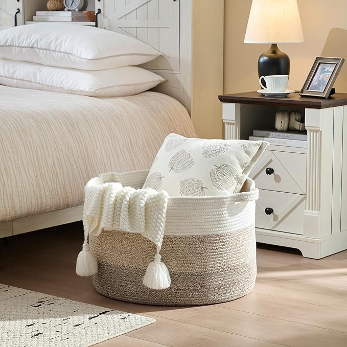 Luxury Little Extra Large Nursery Storage Basket, 22 x 22 x 14 inches - 100% Cotton Rope Baskets with Handles, Blanket Basket for Toys, Blankets & Pillows - Brown & White