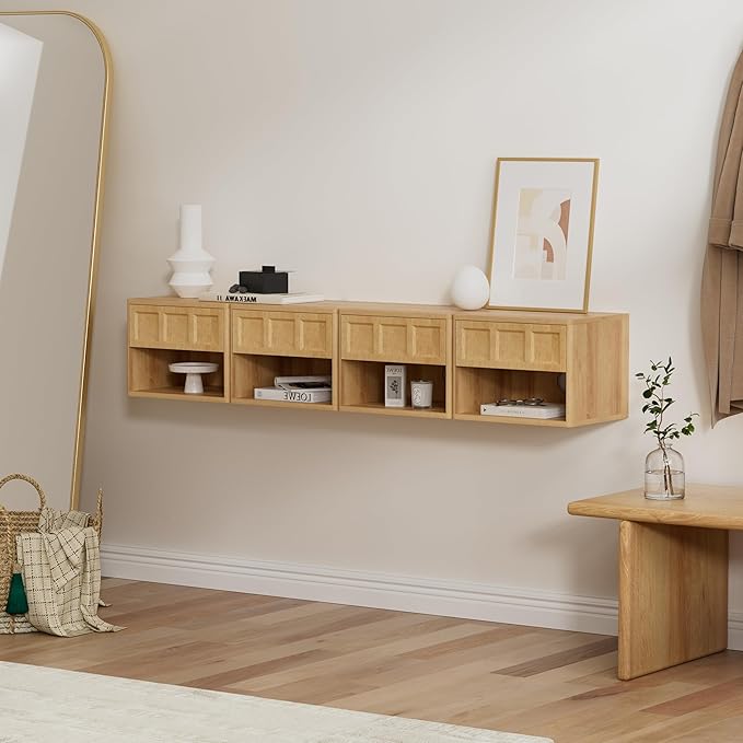 Farmhouse Floating nightstands Set of 4, Small Wall Mounted Storage Cabinet with Drawer Open Shelf, Wood Bedside End Table for Bedroom, Living Room, Natural Oak