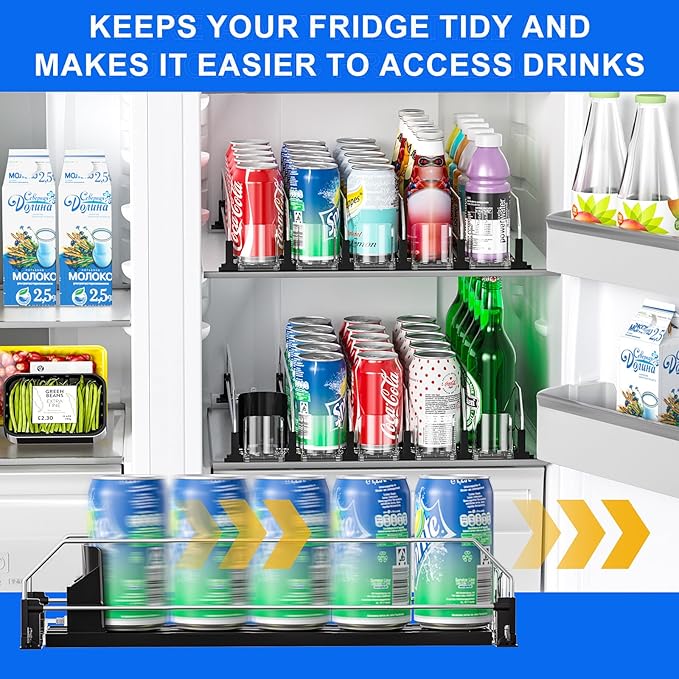 Drink Organizer for Fridge, Upgrade Soda Can Dispenser for Refrigerator, Automatic Pusher Glide Fridge Drink Organizer, Can Organizer for Refrigerator - Holds up to 25 Cans (5 Rows Black)