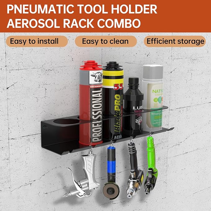 woiron Pneumatic Tool Holder/Aerosol Rack Combo, Wall Mounted Spray Can Bottle Holder, Air tool organizer, for Garage and Workspace - Black