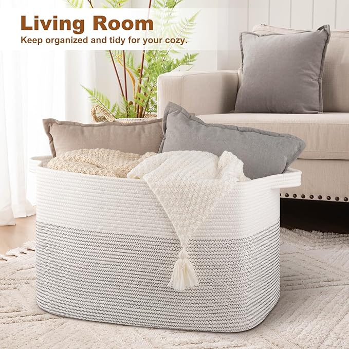 XXXL Large Blanket Basket, 108L Storage Basket, Cotton Rope Baskets for Living Room, Toy Basket for Kids, Woven Baskets for Clothes, Towels, Pillows, 25" x 16" x 16", Black and White