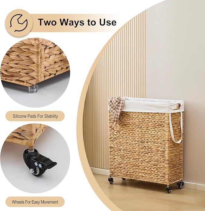 Rolling Laundry Hamper with Wheels, Slim Laundry Basket with Removable Liner Bag & 2 Mesh Bags, Handwoven Water Hyacinth Clothes Hamper for Bedroom Bathroom (Natural, 85L)