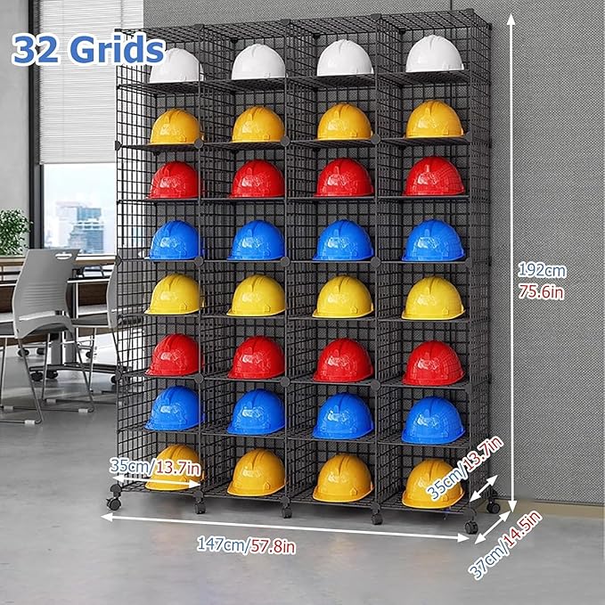 Stackable Safety Helmet Storage Boxes, Large Adjustable Hard Hat Placement Organizer Rack,with Wheels,for Construction Site/Garage/Workshop/Factory Helmet Display Shelf (Black, 32 Grids-4 * 8)