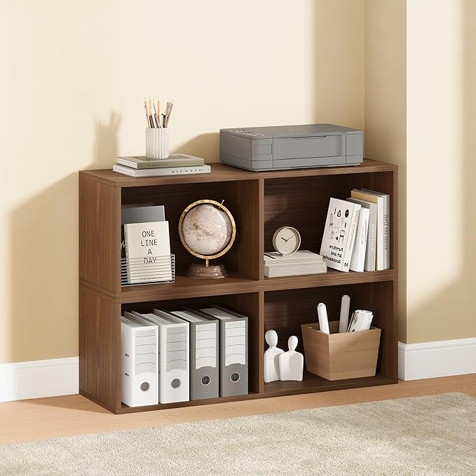 IOTXY DIY Modular Cube Bookcase - CubeXY Customizable Stackable Expandable Basic Shelving Units, 2-Cube Wooden Open Bookshelf for Miscellaneous Storage Organizer, Walnut