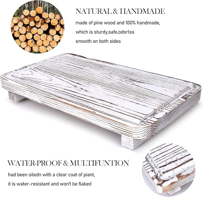 Rustic White Bathroom Counter Tray Kitchen Countertop Trays Decorative Wood Risers Display Pedestal Stand Wooden Riser Soap Dish Dispenser Holder for Bathroom Sink Accessories Kitchen Decor Tray