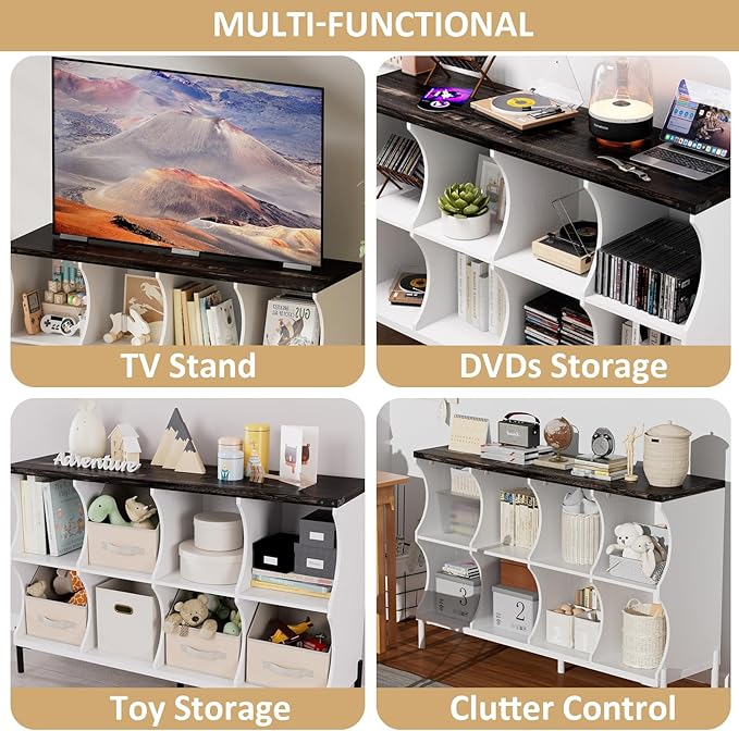 8 Cube Storage Shelf Organizer, Low Book Shelf Bookcase Entryway Table, Wood Closet Storage Display Cabinet TV Stand for Living Room, Office,Bedroom, Dorm, White with Dark Brown Top