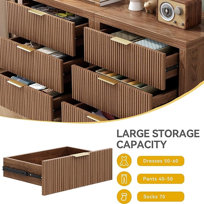 6 Drawer Dresser, Chest of Drawers Organizer with Waveform Panel, Large Fluted Dresser with Wide Drawers and Golden Handles, Wood Storage for Bedroom, Hallway, Entryway, Walnut