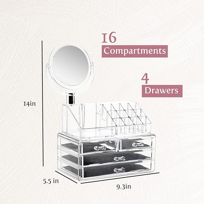 Masirs Clear Makeup Organizer with Mirror – 16-Compartment Cosmetic and Jewelry Holder, 4-Drawer Vanity Storage, Elegant Clear Design for Makeup and Accessories