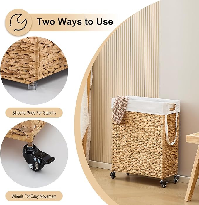 Rolling Laundry Hamper with Wheels, Slim Laundry Basket with Removable Liner Bag & 2 Mesh Bags, Handwoven Water Hyacinth Clothes Hamper for Bedroom Bathroom (Natural, 65L)