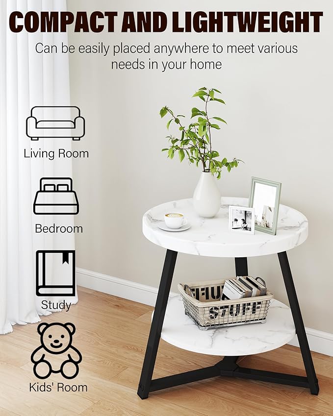 Small Round End Table, 2-Tier Side Table with Storage, Small Round Coffee Table for Living Room, 20'' Living Room Furniture with Sturdy Steel Frame (White Marble)