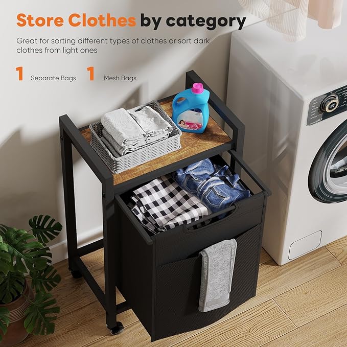 Sweetcrispy Laundry Hamper with 1 Pull-Out Removable Sorter Bags, Movable Wheels, Freestanding Clothes Basket Organizer in Bathroom, 1 × 18.3Gal (69L) Capacity, Rustic Brown and Black