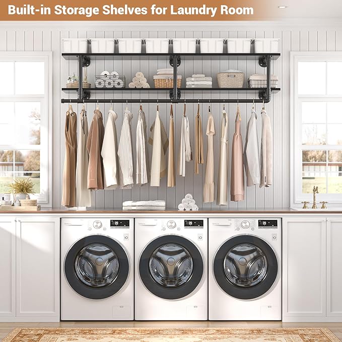 Aheaplus Industrial Pipe Clothes Rack with Top Shelf, 47In Space-Saving Wall Mounted Clothing Rack, 2 Tiers Heavy Duty Pipe Clothing Shelves with Hanging Rod for Laundry Room, Closet Storage, Black