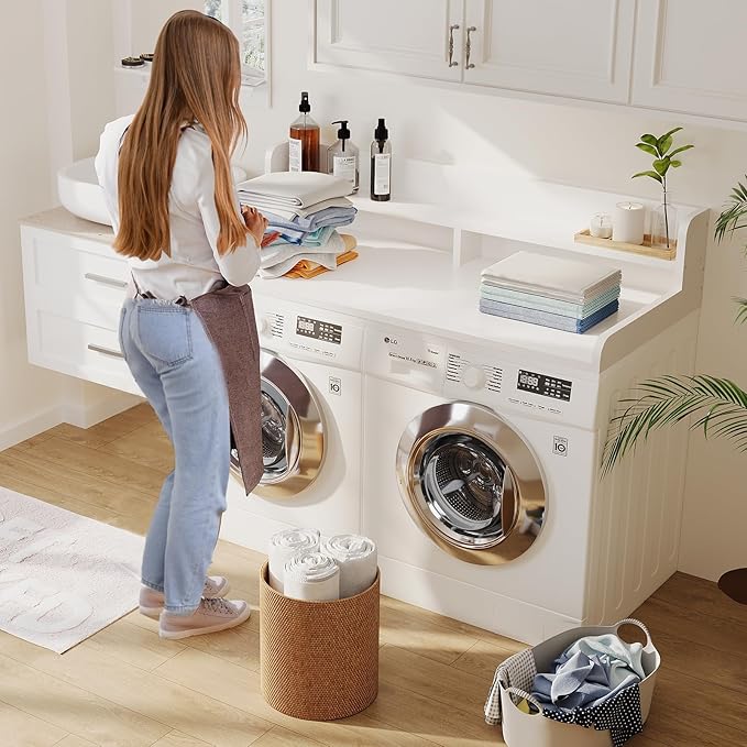 2-Tier Washer Dryer Countertop with 2.75" H Edge Rails, 58" W x 28" D Laundry Countertop for Folding Clothes, Washer and Dryer Topper with Non-Slip Pad (White)