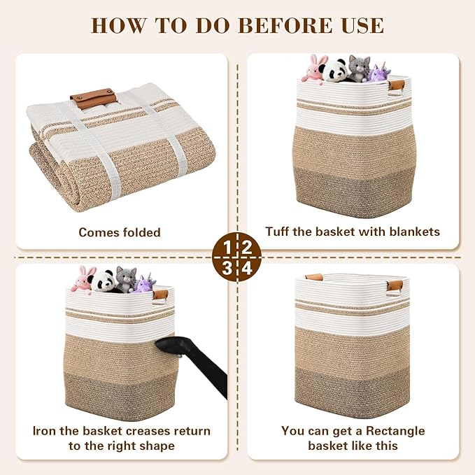 Laundry Hamper, 85L Tall Laundry Basket with Leather Handles, Rectangle Large Clothes Hamper for Organizing, Cotton Woven Laundry Baskets Storage Hampers for Bedroom, Nursery, Living Room